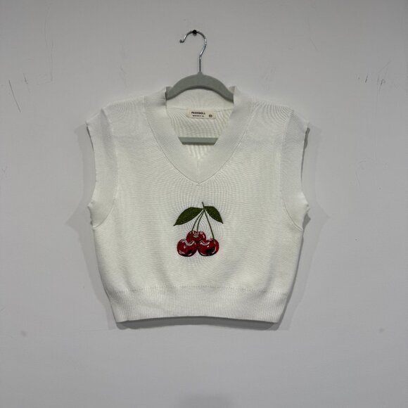 NEW Cherry Embroidered Knit Vest in White, Size M - Picture 5 of 15